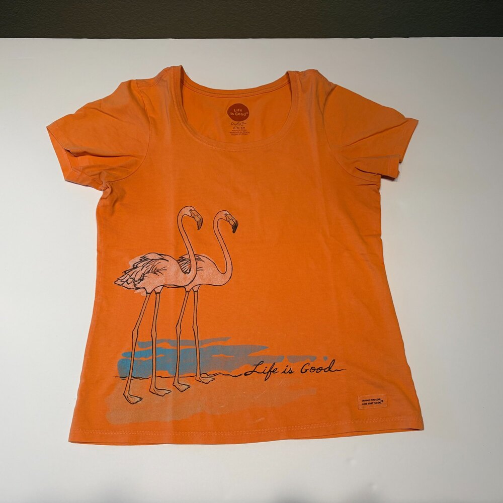 Life Is Good Flamingo Graphic T-Shirt Orange Womens Size S